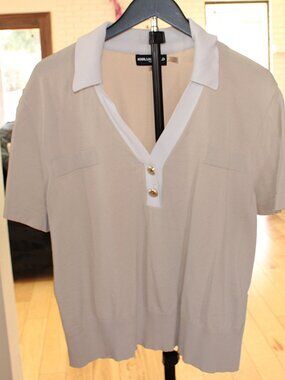 Karl Lagerfeld Paris XL Cream Short Sleeve Collared Sweater